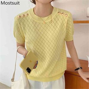 Sommer Plaid Gestrickte T-shirt Pullover Frauen Kurzarm Oansatz Tasten Tops Koreanische Mode OL Damen T-shirt T-stücke 210513