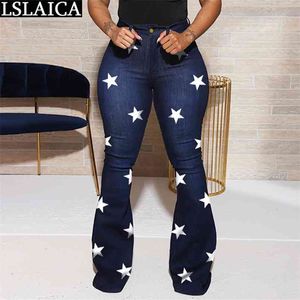 Mode denim kvinna byxor hög midja stjärnor utskrift kvinnlig flare fall kvinnor jeans streetwear plus storlek långa byxor 210515