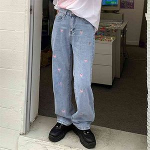 GJBD Women's Jeans Vintage Heart Shaped Embroidery Streetwear High Waist Wide Leg Pants Baggy Harajuku Straight Denim Trouser 210730