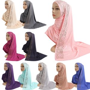 Pamuk Forması Başörtüsü Eşarp Katı Renk Rhinestone Yumuşak Elastik Kadınlar Başörtüsü Müslüman İslam Headwrap Türban Uzun Eşarp Şal
