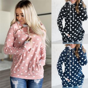 Lado Zipper Jumper Sweatshirt Mulheres Hoodies Outono Inverno Impresso Kawaii Coração Com Capuz Pullovers Bolsos Rosa Preto azul 210507