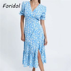 FORIDOL DAISY PRINT Длинное платье Женщины Летнее цветочные Boho Maxi Wrap Новый синий рюфля A-Line Black 210415