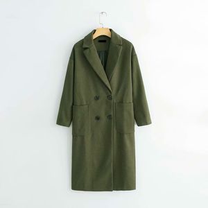 Stylish Elegant Women Green Woolen Coat Winter Fashion Thick Warm Long Blends Overcoat Casual Female Outerwear 210520