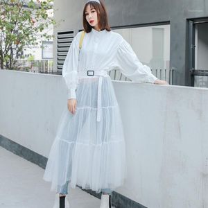 Beyaz Örgü Maxi Elbise toptan satış-Günlük Elbiseler Sonbahar Moda Uzun Elbise Kadın Kollu Pamuk Patchwork Mesh Parti Sashes Zarif Siyah Beyaz Maxi