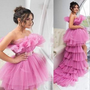Wholesale cocktail length prom dresses resale online - 2022 Sexy Short Pink Prom Dresses Strapless Illusion Sleeveless Hi Lo Length Tulle Ruched Formal Party Dress Evening Gowns Tutu Skirts Cocktail