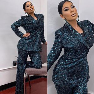 Green Sparkly Sequins Women Suits Customized Glitter Long Sleeve Slim Fit Blazer Trousers Jacket Leisure Pants Coats 2 Pieces