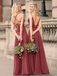 Dusrty Rose Chiffon Bridesmaid Dresses Spaghetti Straps Ruched A Line V Criss Cross Back Floor Length Maid of Honor Gown Beach Wedding Wear 403 403