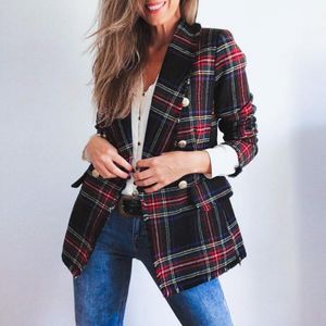 Осенняя Женская плед Chic Blazer Куртка Женщины Streetwear Tweed Длинные рукава Зимние Пальто Повседневные Пальто Женские Костюмы Blazers