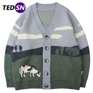 Streetwear Solto Cardigan Pullover Homens Mulheres Hip Hop Malha Camisola Homens Prairie vaca Padrão Harajuku Sweater 210818