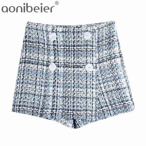 Spring Blended Textured Women Casual Plaid Shorts Female Skorts Double Breasted High Waist Straight Bottoms 210604