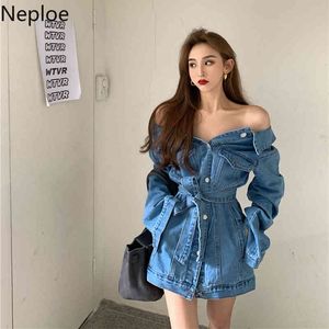 Neploe Jackets for Women Sexy Off Shoulder Slim Waist Denim Jacket Korean Fashion Casual Tops Vintage Casual Coat Woman 210422