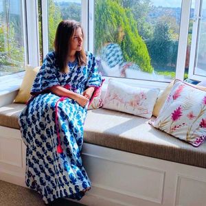 Indigo Print Paile Free Размер Kaftan Индия Стиль Хлопок Удобные Ткани CAFTAN Длинные Maxi Dripher Женщины Home Home Boho Материн Робе X0621