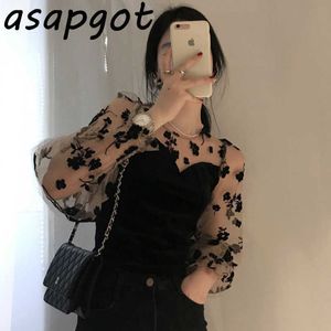 Chic Autumn French Round Neck Perspektiv Floral Fake Two-Piece Mesh Patchwork Velvet Bottoming Shirts Tops Black Blouse Retro 210610