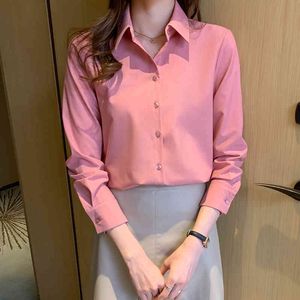 Mulheres Coreanas Camisas Chiffon Blusas de Manga Longa Camisa Elegante Mulher Pink Tops Plus Size Office Lady Basic 210427