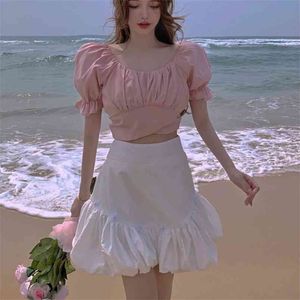 Coreano Bonito Doce Doce Dois Parte Set Mulheres Puff Sleeve Crop Top + Mini Saia Mermaid Suits Summer Fashion Feminino 2 Saias Sets 210514