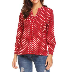 Polka Dot Blouses女性服Vネック長袖シャツプラスサイズトップスズキ用ブラウス210608