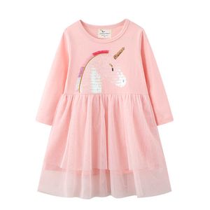 Jumping Meters Autumn Spring Beading Unicorn Dresses for 2-7T Princess Kids Girls Cotton Clothes Costume Baby Dress 210529