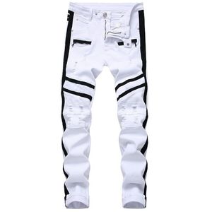 Män Hip-Hop Stripe Design Patchwork Ripped Stretch Slim Jeans Streetwear Cotton Male Casual Joggers Denim Trousers Plus Storlek 42 210716