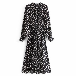 Women Summer Vintage Shirts Dress Long Sleeve Print O-Neck Sashes Bow Tie Female Elegant Loose Black Dresses Vestidos 210513