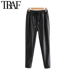 Trafik Kvinnor Faux PU Läderfickor Byxor Vintage Mode Elastisk Midja Drawstring Slips Ladies Ankelbyxor Pantaloner Mujer 211124