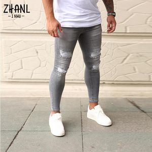 Męskie dżinsy Streetwear Hip Hop Bardzo Skinny Ripped Stretch Denim Spodnie Slim Fit Wysokiej Jakości Joggers Gray