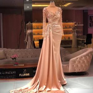 2022 New Arabic Aso Ebi Luxurious Beaded Mermaid Formal Evening Dresses Long Sleeves High Neck Peplum Satin Prom Party Pageant Dress Second Reception Gowns