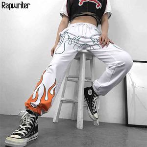 Casual Fire Print Elastic High Waist Trousers Women Summer Streetwear Harajuku Sweatpants Joggers Straight Pants 210510