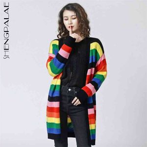 Радужная полоса контрастный цвет свитер пальто женской весны V-образным вырезом длиной кардиган вязаная женщина 210427