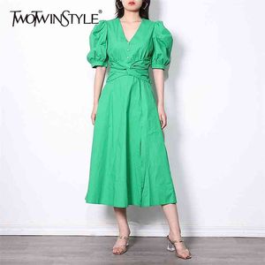 Elegancka Zielona Sukienka Dla Kobiet N Neck Puff Krótki Rękaw Hollow Out Tunika Maxi Suknie Kobiet Lato Moda 210520