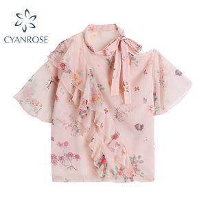 New One-Shoulder Blouses Women Ruffle Spliced Elegant Casual Summer Shirts Tops For Lady Chic Print Bow Collar Loose Blusas 210417