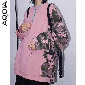 Höst Streetwear Camouflage Patchwork Utskrift Kvinnors Hoodies Loose Sweatshirt Oversize Women Female Pullovers 210521