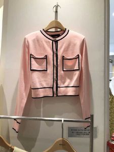 Стулки женщины шикарные корейский сладкий тонкий контраст o шеи полный рукав розовый полосатый кардиган тонкий двойной карманный вязаный пиджак тянет 210610