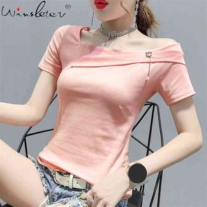 Pink T shirt Summer Cotton Casual ops ee Irregular Collar Off-shoulder Pearl Chain Decoration Short Sleeve Multi Colors 210421