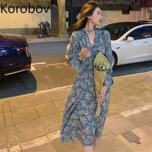 Korobov Mulheres Chiffon Vestido Nova Chegada Flor Impressão Vestidos Feminino V Pescoço Manga Longa Elegante Doce Flare Manga Robe Femme 210430