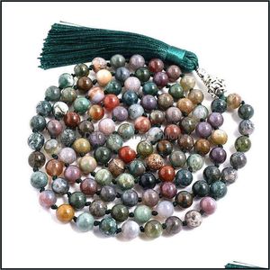 Collane con ciondolo Pendenti Gioielli 8Mm Onice indiano 108 Mala Perline Annodato Collana con nappa tibetana Meditazione Yoga Spirito di benedizione Japamal