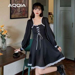 Bahar Lolita Tarzı Bandaj Kadınlar Mini Elbise Uzun Kollu Artı Boyutu Kare Yaka Kawaii Cosplay Dantel Parti Bayan Elbiseler 210521