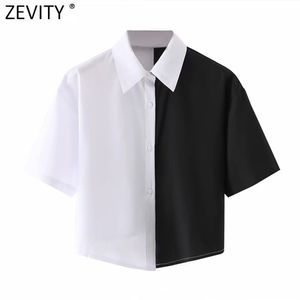 Women Vintage Black White Patchwork Casual Smock Blouse Female Short Sleeve Shirt Chic Business Blusas Tops LS7694 210416