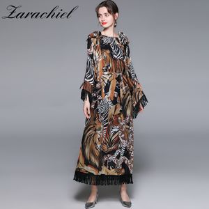 Fashion Vacation Style Robe Plus Size Maxi Women Big Flare Sleeve Tiger Leopard Printed Tassels Loose Long Dress 210416