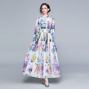 Designer di passerelle Lion Maxi abito lungo fino al pavimento Primavera donna Colletto rovesciato Hit Color Flower Stampa Swing Abito pieghettato 210514