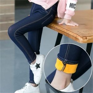 Zima Dziewczyna Denim Ołówek Spodnie Zagęścić Ciepłe Dzieci Spodnie Polar Dziewczyny Skinny Jeans Casual Długie 211102