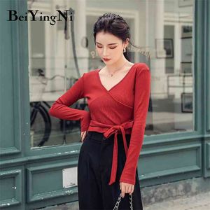 Autumn Winter Sweater Women V-neck Knitted Casual Lace-up Cropped Tops Woman Basic Fashion Slim Pullovers Female 210506