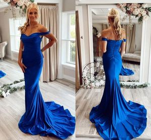 Простой королевский дизайнер Blue Mermaid Prom Froms от плеча без спинки поезда поезда.