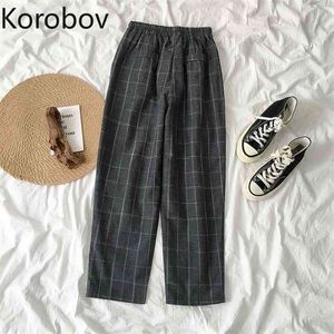 Korobov vintage mode elastik hög midja kvinnor byxor sommar koreanska pläd bredben byxor casual japanska joggare 210430