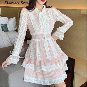 Pink Lace patchwork Woman Dress Bow collar Full sleeve casual party vestido design chiffon dress female autumn 210603