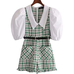 Elegant women tweed rompers fashion ladies green plaid streetwear female sweet pocket playsuit girls chic romper 210520