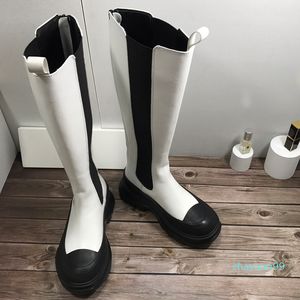 مصمم المرأة منصة فقي البقعة الركبة أحذية بيضاء ستوكات جلدية تشيلسي التمهيد 6630
