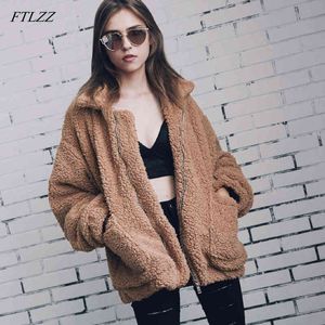 Mulheres elegante casaco de pele falsa outono inverno quente zíper zíper jaqueta feminino pelúcia bolso casual outwear 210423