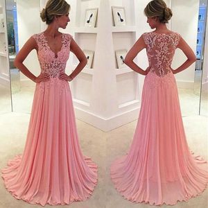 Vintage Blush Pink Evening Prom Klänningar En Linje Chiffon Lace Appliques Plungning V Neck Sexig Sheer Girls Party Formell Dress