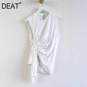 [DEAT] Women White Asymmetrical Folds Office Lady T-shirt New Round Neck Sleeveless Slim Fit Fashion Tide Summer 7E0936 210428
