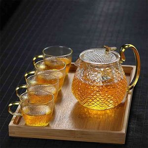 Teaware الزجاج إبريق الشاي 600 مل عالية البورسليكات درجة حرارة مقاومة مطرقة نمط الشاي مجموعة تصفية فقاعة الحاويات 210813